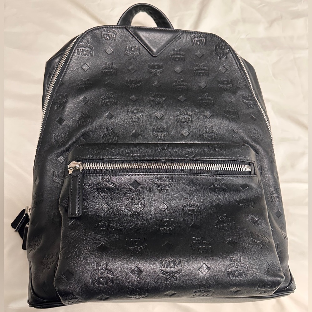 MCM Embossed Calf Leather Large Black Backpack w/ Silver Hardware